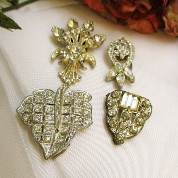 Vintage ART DECO Rhinestone Dress Clips: Pot Metal Convertible Accessory Lot - Picture 1 of 13
